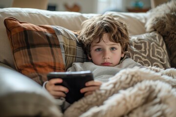 Young Boy Relaxing on Couch with Tablet at Home in Cozy Blanket