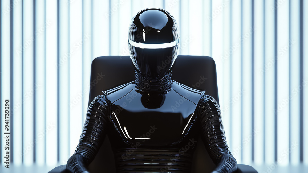 Sophisticated alien in a sleek interview chair chrome skin reflecting ...
