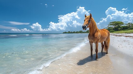 A brown horse stands on a white sandy beach with clear blue water and a bright blue sky.