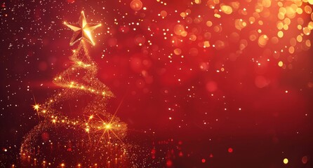 Wall Mural - a magical golden christmas tree gleams on a vibrant red backdrop, sparkling with festive cheer. twin