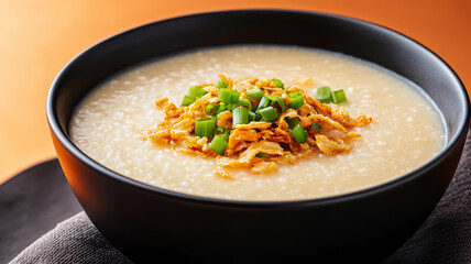 Sticker - Warm autumn Asian dish featuring a bowl of savory pumpkin congee, topped with crispy shallots and fresh green onions, set against a gradient background shifting from burnt orange to deep brown 