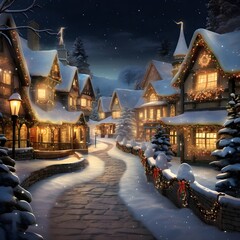 Wall Mural - Winter night in the village. Christmas and New Year. Digital painting.