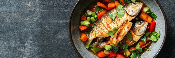 Wall Mural - Freshly cooked carp served with colorful vegetables in a deep bowl on a rustic table