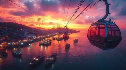 Canvas Print - A cable car ascends above a harbor at sunset, offering a panoramic view of the town and the sea.