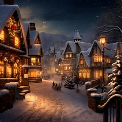 Wall Mural - Winter village at night in the snow. Christmas and New Year background