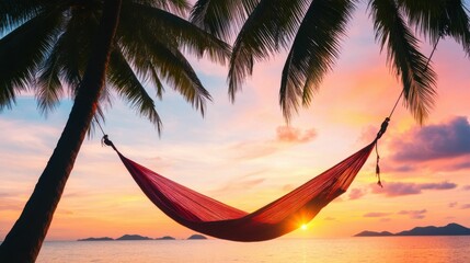 Hammock hanging between palm trees overlooking the ocean at sunset, with a colorful sky, capturing a tranquil and scenic beach view..