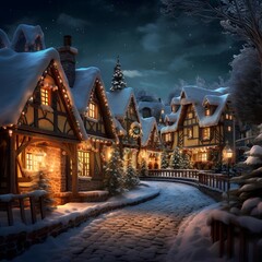 Wall Mural - Winter night in the village. Christmas and New Year background. Digital painting.