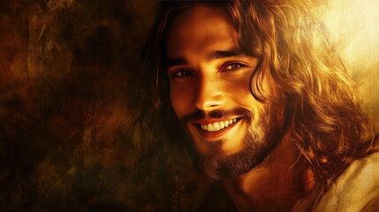 Modern artistic portrait of Jesus, his warm smile and gentle eyes radiating love and acceptance, highlighted by soft radiant light