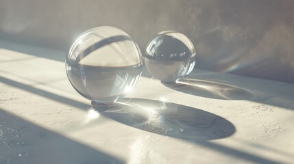 A pair of transparent glass spheres resting on a flat surface