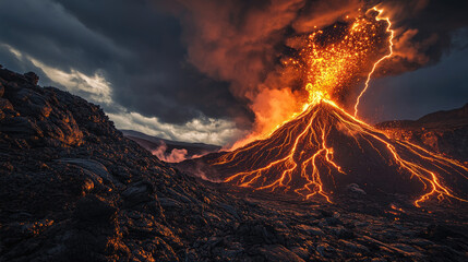 Poster - A majestic volcano erupting, with lava and lightning in the sky