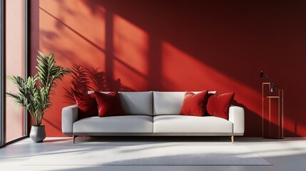 A sleek, minimalist living room with a neutral color palette, featuring a bold red accent wall and matching red throw pillows on a gray sofa