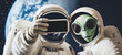 © Frédéric Prochasson - astronaut in suit and alien taking a selfie floating in space with earth on the background, AI generated