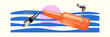 © Lustre Art Group  - Banner. Contemporary art collage. swimmer gracefully dives off vibrant orange bottle, and dives to sea waves, while another preparing to swim. Concept of celebration, holidays, drinks, Friday mood. Ad