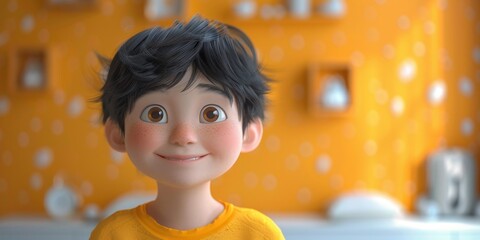 Smiling Asian cartoon character young man male person wearing yellow shirt in 3d style design on light background. Human people feelings expression concept 