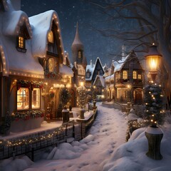 Wall Mural - Snowy winter night in the village. Christmas background. 3d rendering