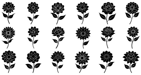 Wall Mural - flower icon. set of black flowers with leaves. flower symbols. vector illustration