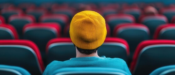 a person wearing a yellow beanie sits alone in a theater, surrounded by colorful empty seats, creati