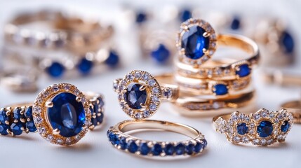 Poster - A collection of jewelry set on a white backdrop that includes sapphires, sapphire stones, sapphire earrings, and sapphire rings