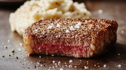 Wall Mural - A macro shot of a steak with a crispy crust and a tender, juicy interior, served with a side of mashed potatoes and a sprinkle of sea salt.