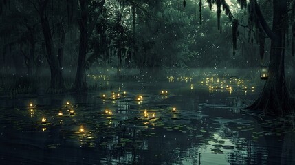 Wall Mural - Dark and eerie swamp with ghostly lights