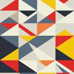 A clean geometric pattern using grey, red, yellow, and blue shapes. Its minimalism and repetition enhance the design’s balance and modern appeal.