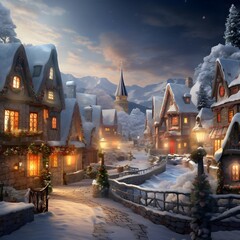 Wall Mural - Winter night in the village with snow covered houses and lanterns.