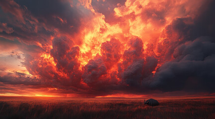 Wall Mural - A dramatic sky with towering orange and pink storm clouds over the Great Plains, creating an otherworldly atmosphere