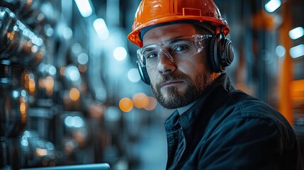 an engineer man working in a factory with headset laptop.illustration