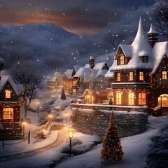 Sticker - Winter night in the village. Winter landscape. Christmas trees and houses.