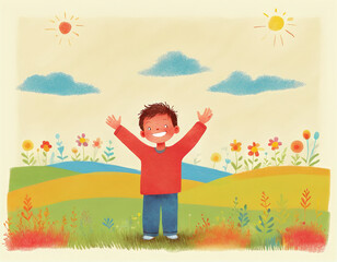 Illustrative depiction of a happy child or children raising their hands in joy against a colorful background in a drawn style