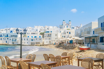 Canvas Print - Naoussa town waterfront at harbour with coastal cafe, beautiful Greek islands, Paros Greece