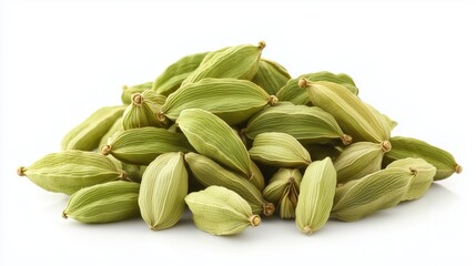 Pile of cardamom, elaichi pods isolated on a white background 