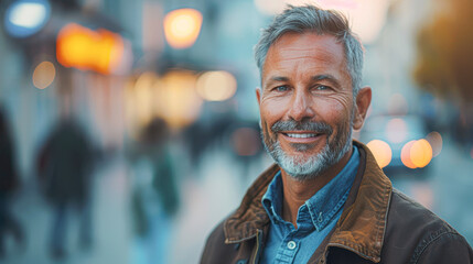 Wall Mural - A man with a beard and gray hair is smiling and wearing a blue shirt