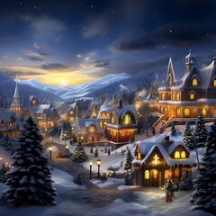 Wall Mural - Winter village at night with christmas trees and houses, digital painting