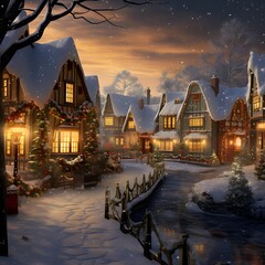 Sticker - Beautiful winter night in european village. Digital painting.