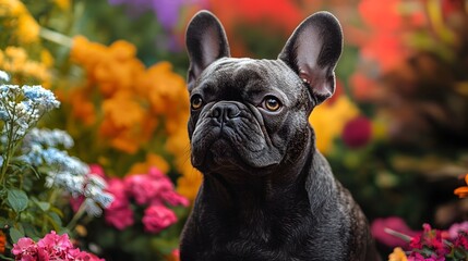 Wall Mural - Adorable French Bulldog Relaxing in a Lush Floral Garden   Cute Canine Pet Sitting Amidst Blooming Flowers and Greenery in a Peaceful Serene Outdoor Setting