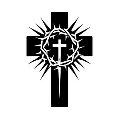 Poster - Christian cross with crown of thorns icon. Black silhouette of a Christian cross. Crucifixion of Jesus Christ. Vector illustration