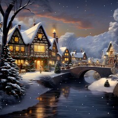 Wall Mural - Digital painting of a snowy winter night in a small village with a bridge