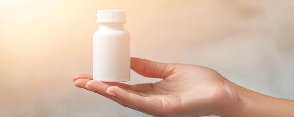 A woman s hand displaying an empty white prescription bottle, warm light filtering through a softly focused background