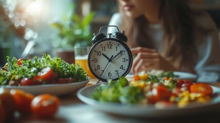 Healthy salad breakfast with clock on table