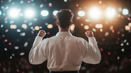 Karate champion standing proud with fists raised, illuminated by bright arena lights, confetti shower and a sea of spectators