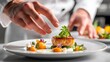 © Nehtott - Chef’s Hand Plating a Gourmet Dish: A chef's hand carefully arranging a gourmet dish on a plate, with vibrant food colors popping against a white background.