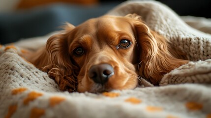 A Cocker Spaniel dog resting comfortably on a soft plush blanket looking relaxed and content in a peaceful indoor setting with copy space