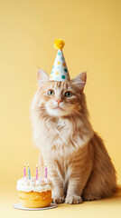 Cute cat with party hat celebrating birthday with cake and candles