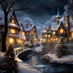 Wall Mural - Winter night in a small village. Christmas and New Year background.