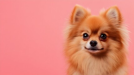 Adorable Pomeranian puppy with a stylish well groomed haircut posing confidently in a studio setting with ample copy space for text overlay or design elements