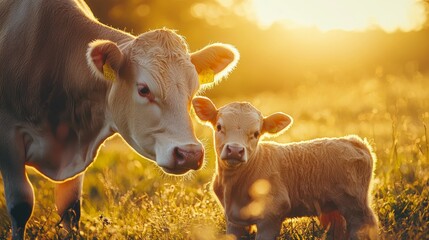 Calf and cow standing together in golden sunset field