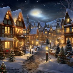 Sticker - Winter night in the village. Christmas and New Year background. 3d rendering