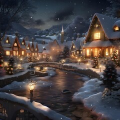 Wall Mural - Winter village at night. Christmas and New Year holidays concept. Holiday background.