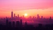 Cityscape Silhouette at Sunset with Fog